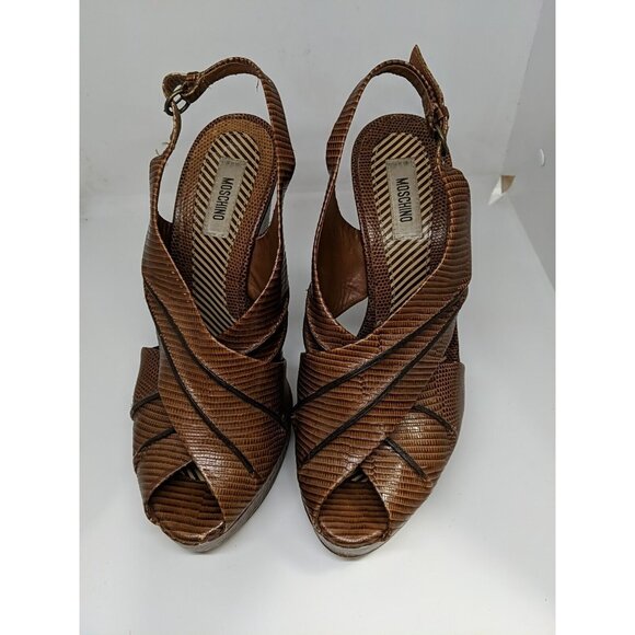 MOSCHINO Women'ts Vtg BROWN LEATHER SLINGBACK PLATFORM HEELS Size 39.5 - Picture 4 of 13
